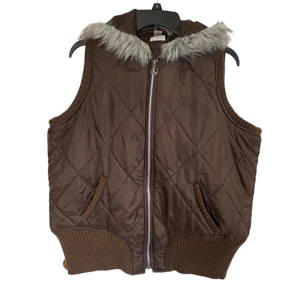One Step Up brown zip up puffy vest jacket coat fur hood women’s 2X pockets - Picture 10 of 10